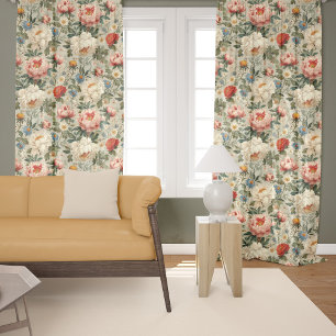 Elegant Vintage Floral Red Blue Ivory Blackout Curtains