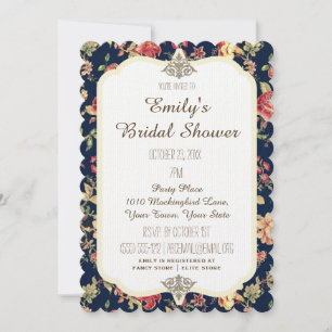 Elegant Vintage Floral Rose Blue Bridal Shower Invitation
