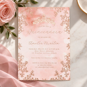 Elegant Vintage Floral Rose Gold Quinceanera Foil Invitation