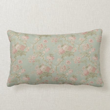 Elegant Vintage Floral Rose, Green & Pink Lumbar Pillow