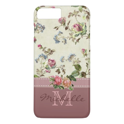 Elegant Vintage Floral Rose Monogram Name iPhone 8 Plus7 Plus Case