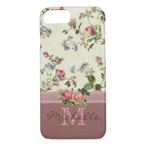 Elegant Vintage Floral Rose Monogram Name iPhone 87 Case