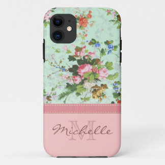 Elegant Vintage Floral Rose Monogram Name Girly iPhone 11 Case