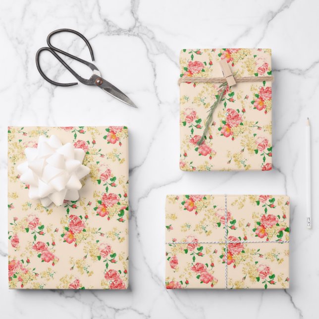 Elegant Vintage Floral Rose Wrapping Paper Sheets (Front)