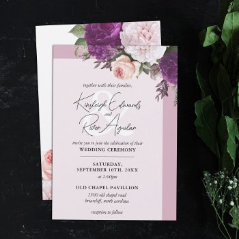 Elegant Vintage Floral Roses & Dusty Mauve Wedding Invitation by CyanSkyCelebrations at Zazzle