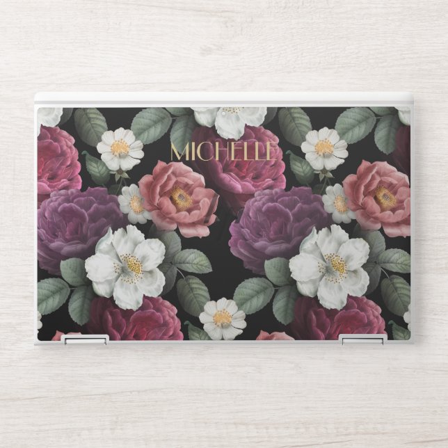Elegant Vintage Floral Roses Personalized Name HP Laptop Skin (Front)