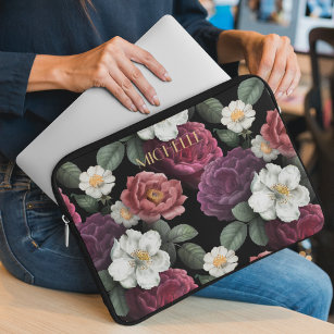 Elegant Vintage Floral Roses Personalized Name Laptop Sleeve