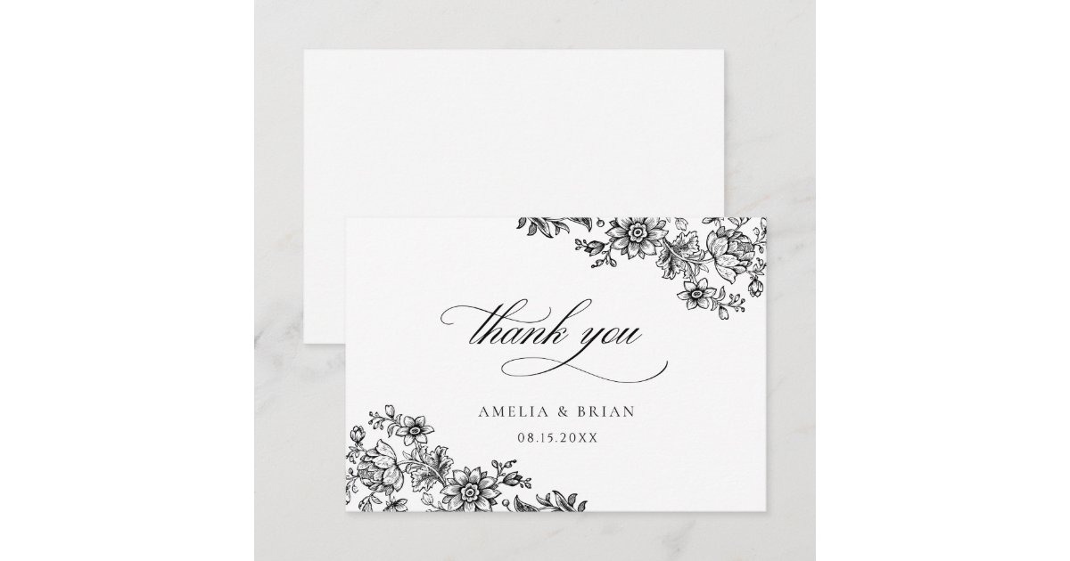 Elegant Vintage Floral Royal Black White Wedding Thank You Card | Zazzle