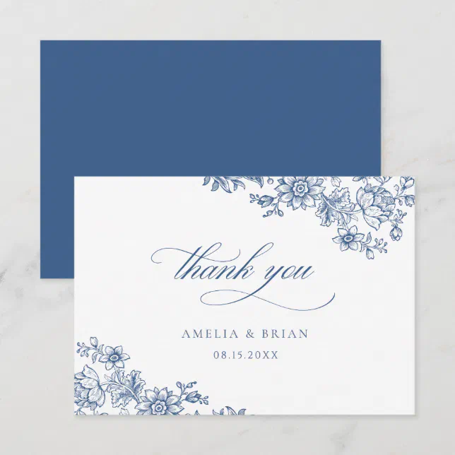 Elegant Vintage Floral Royal Blue Script Wedding Thank You Card | Zazzle