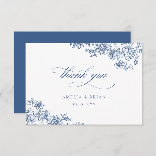 Elegant Vintage Floral Royal Blue Script Wedding Thank You Card