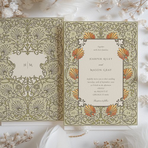 Elegant Vintage Floral Sage and Coral Wedding Invitation