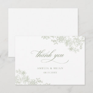 Elegant Vintage Floral Sage Green Script Wedding Thank You Card