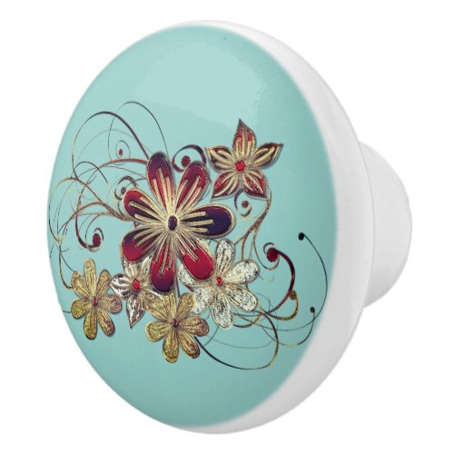 Elegant Vintage Floral Teal Ceramic Knob