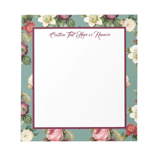 Elegant Vintage Floral Teal Maroon Personalized Notepad (Front)