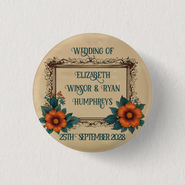 Elegant Vintage Floral Wedding Button (Front)