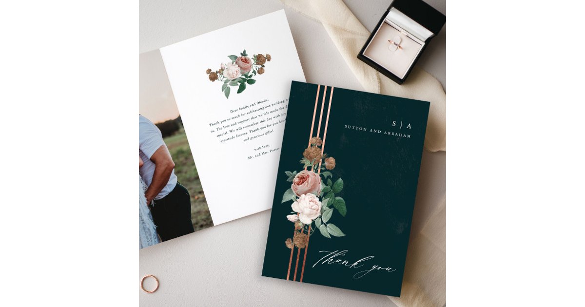 Elegant Vintage Floral Wedding Photo Thank You Card | Zazzle