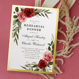 Elegant Vintage Floral White Rehearsal Dinner Foil Invitation