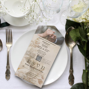 Elegant Vintage Floral White Rose QR Code All In One Invitation