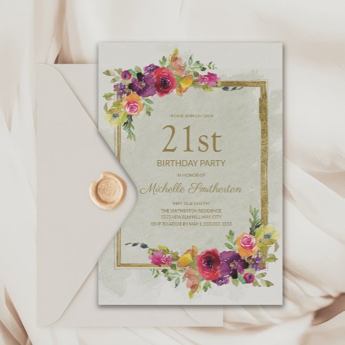 Elegant Vintage Floral Womens 21st Birthday Invitation