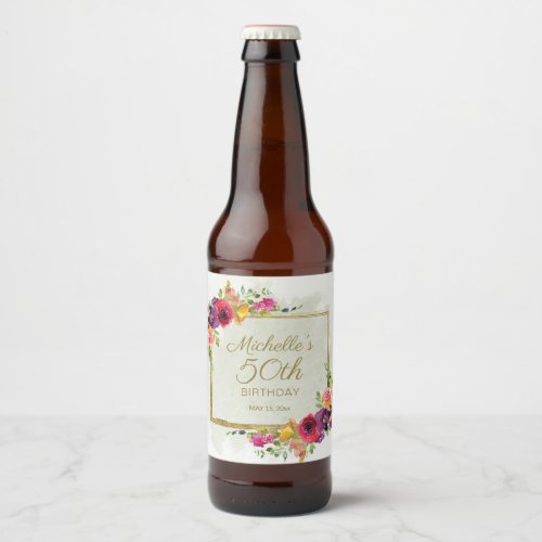 Elegant Vintage Floral Womens 50th Birthday  Beer Bottle Label