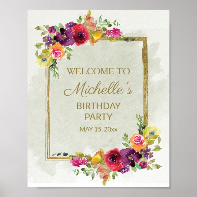 Elegant Vintage Floral Women's Birthday Welcome Poster (Front)