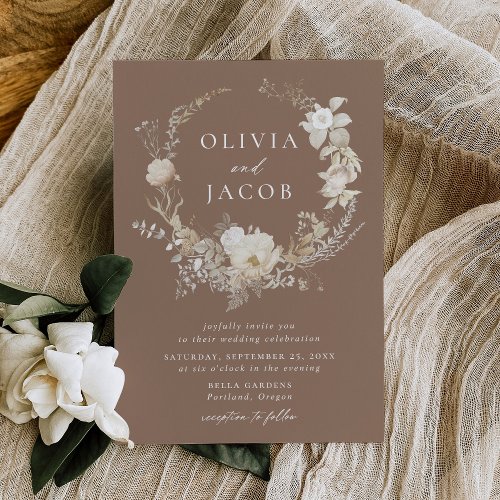 Elegant Vintage Floral Wreath Brown Wedding Invitation