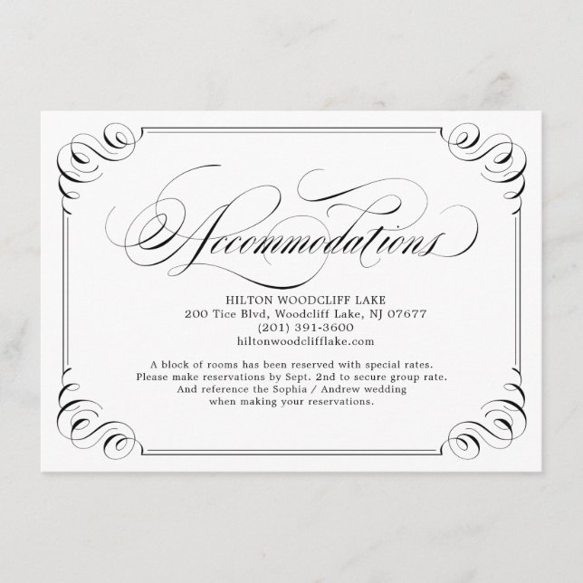 Elegant vintage flourish calligraphy accommodation enclosure card (Front)