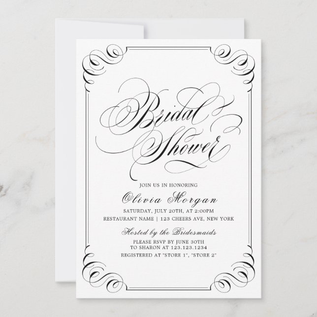 Elegant vintage flourish calligraphy Bridal Shower Invitation (Front)