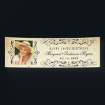 Elegant Vintage Flourish Happy Birthday Photo Banner<br><div class="desc">Decorative swirls and flourishes frame this elegant vintage inspired 100th (number can be customized) birthday banner with photo. Black flourished design and text styled on an ivory background with aged parchment paper appearance.</div>