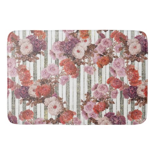 Elegant Vintage Flowers Antique Ticking Stripes Bath Mat