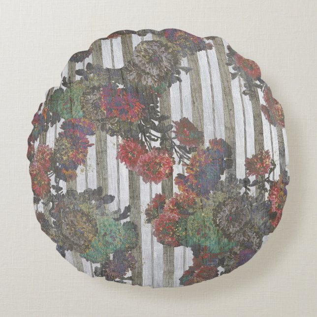 Elegant Vintage Flowers French Ticking Stripes Round Pillow (Front)