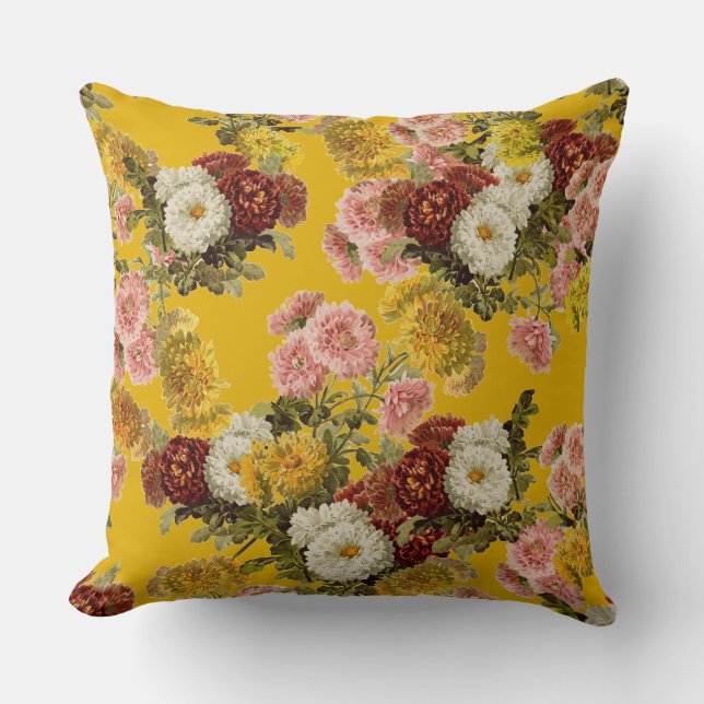 Elegant Vintage Flowers on Mustard Yellow Throw Pillow (Front)