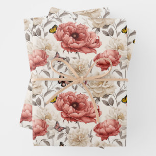 Elegant Vintage Flowers with Butterflies Wrapping Paper Sheets
