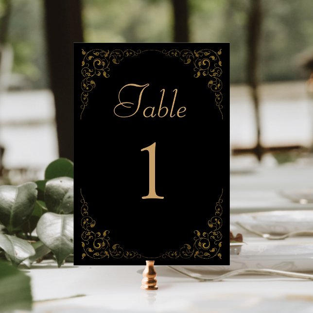 Elegant Vintage Foliage Black Gold Wedding Table Number (Creator Uploaded)