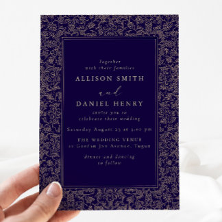 Elegant Vintage Frame Navy Wedding Invitation