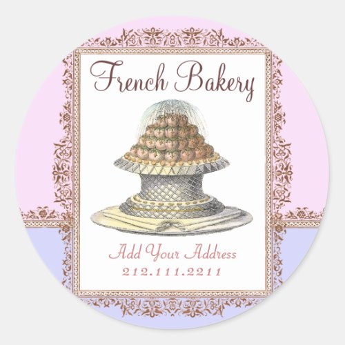 Elegant Vintage French Bakery _ Pink Purple Classic Round Sticker