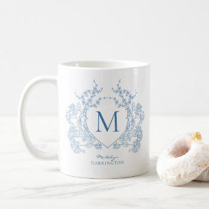 Elegant Vintage French Blue Floral Crest Monogram Coffee Mug