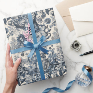 Elegant Vintage French Blue Floral Toile Fleurie Wrapping Paper