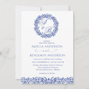 Elegant Vintage French Blue Floral Wedding Invitation