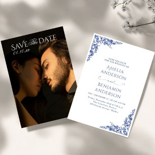 Elegant Vintage French Blue Floral Wedding Invitation