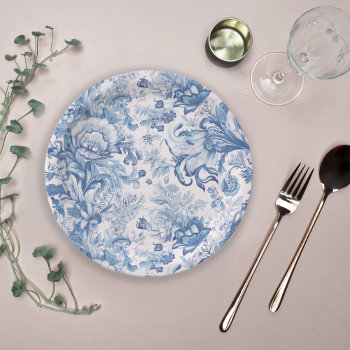 Elegant Vintage French Blue Toile Pattern Paper Plates by Oasis_Landing at Zazzle