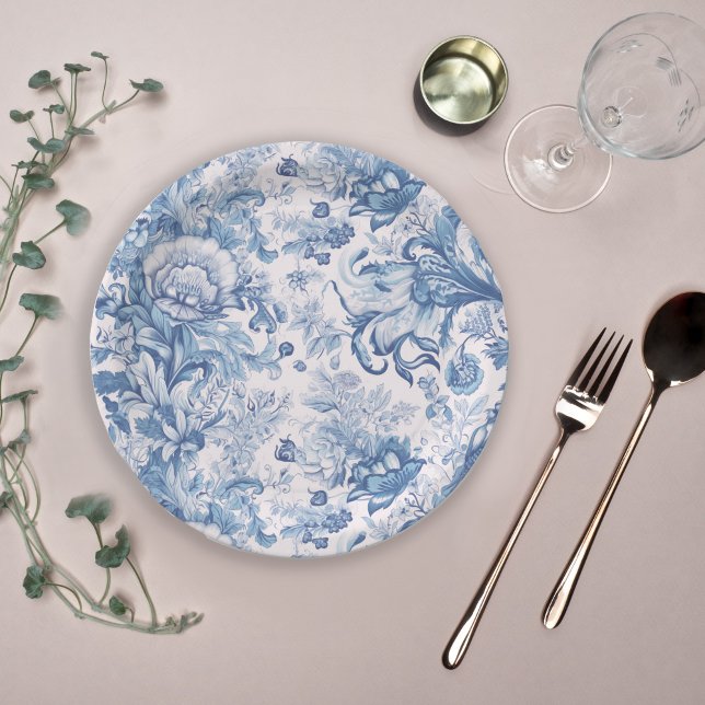 Elegant Vintage French Blue Toile Pattern Paper Plates (Pretty French blue toile paper plates for any occasion.)
