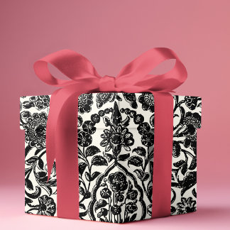 Elegant Vintage French Engraved Floral Toile-Black Wrapping Paper