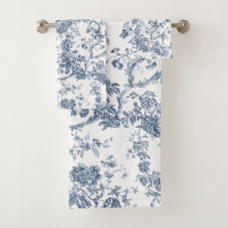 Elegant Vintage French Engraved Floral Toile-Blue Bath Towel Set