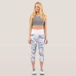 Elegant Vintage French Engraved Floral Toile-Blue Capri Leggings<br><div class="desc">Elegant and ornate vintage blue and white toile de jouy pattern featuring exotic flowers, vines and foliage intertwined with garlands and baskets of roses. This pattern was adapted from an historic French textile fragment ca 1910 in the Smithsonian collection. Pattern is high res but cannot be tiled. Waistband color is...</div>