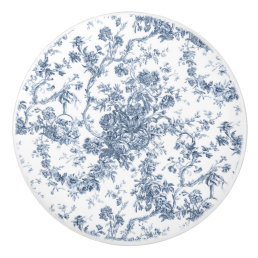 Elegant Vintage French Engraved Floral Toile-Blue Ceramic Knob