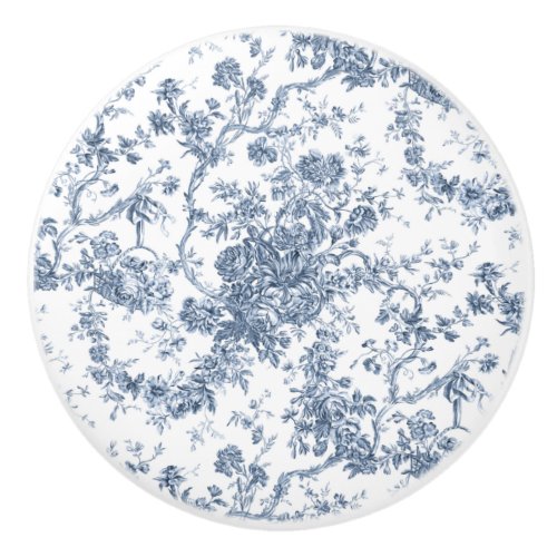 Elegant Vintage French Engraved Floral Toile_Blue Ceramic Knob