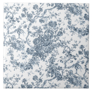 Elegant Vintage French Engraved Floral Toile-Blue Ceramic Tile