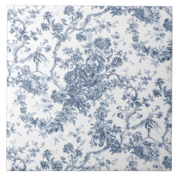 Elegant Vintage French Engraved Floral Toile-Blue Ceramic Tile