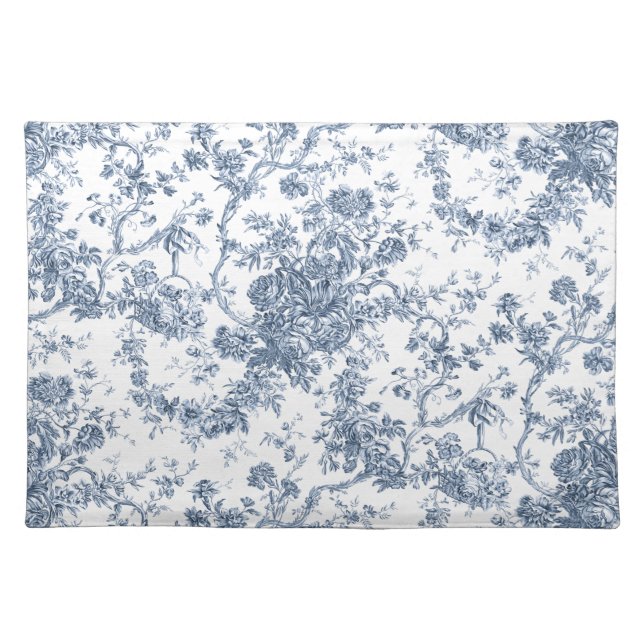 Elegant Vintage French Engraved Floral Toile-Blue Cloth Placemat (Front)